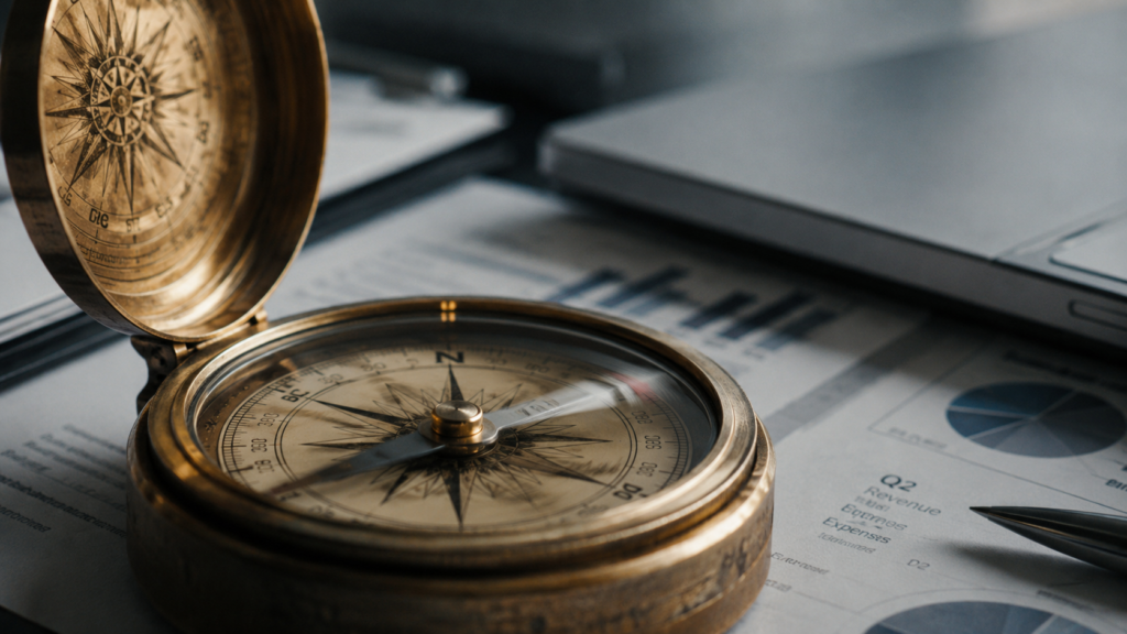A vintage brass compass resting on modern business documents on an office desk.