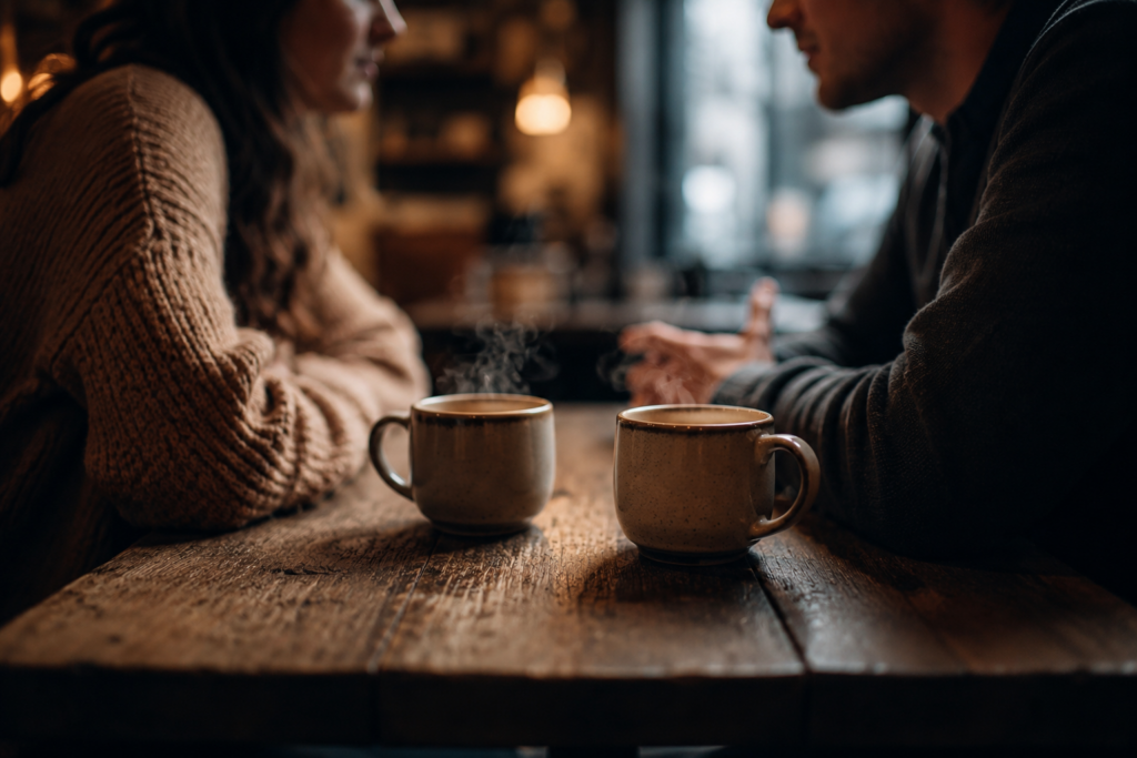 Preventing team division: Two people sitting across from each other at a small table in a dimly lit coffee shop, leaning in for a private conversation