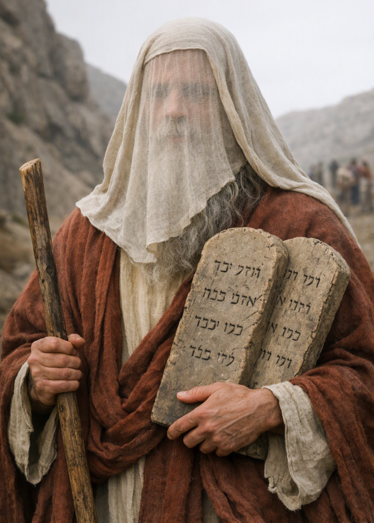 Moses stands in a rocky desert landscape wearing a reddish-brown robe and off-white tunic. His face is covered by a semi-transparent linen veil, and he holds two stone tablets inscribed with Hebrew script in one arm while gripping a wooden staff in the other. Moses' veil is partially transparent.